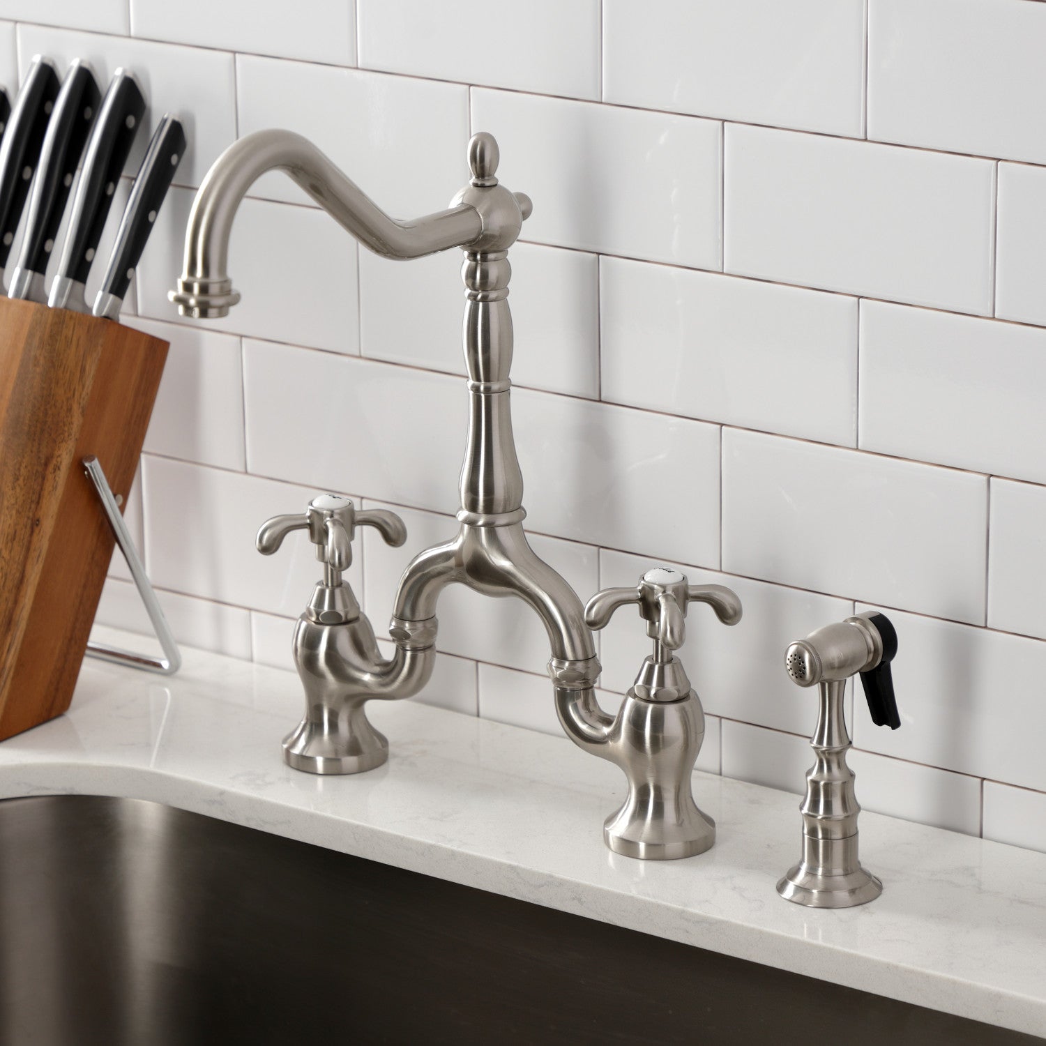 Kingston Heirloom KS7758TXBS - French Country Two-Handle 3-Hole Deck Mount Bridge Kitchen Faucet with Brass Sprayer, Brushed Nickel — thumbnail 2